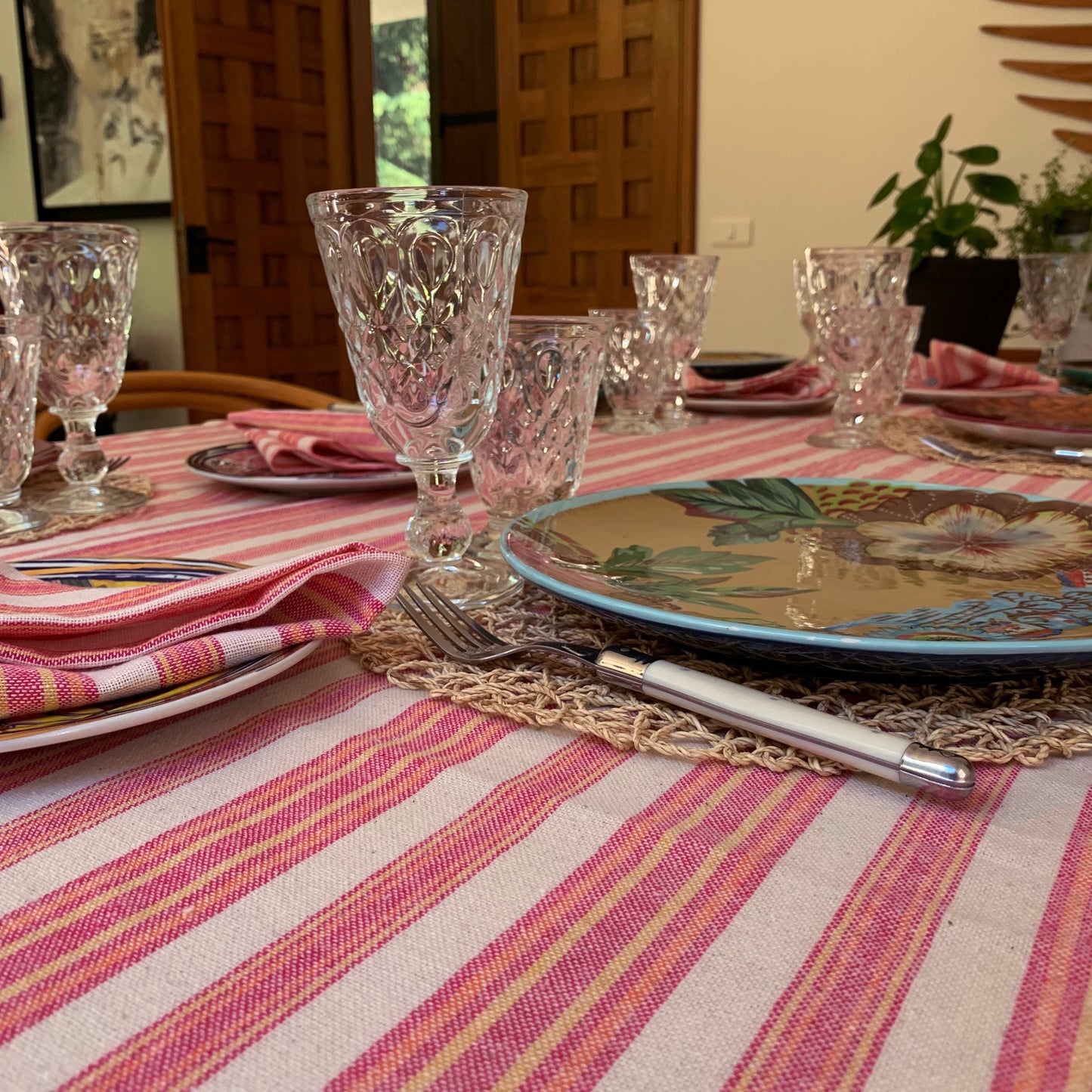 Eco-Friendly Magenta Striped Tablecloth Set with Napkins