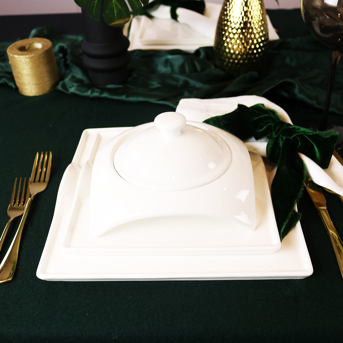 Square Porcelain Dinnerware Set Service for 4 Elegant White