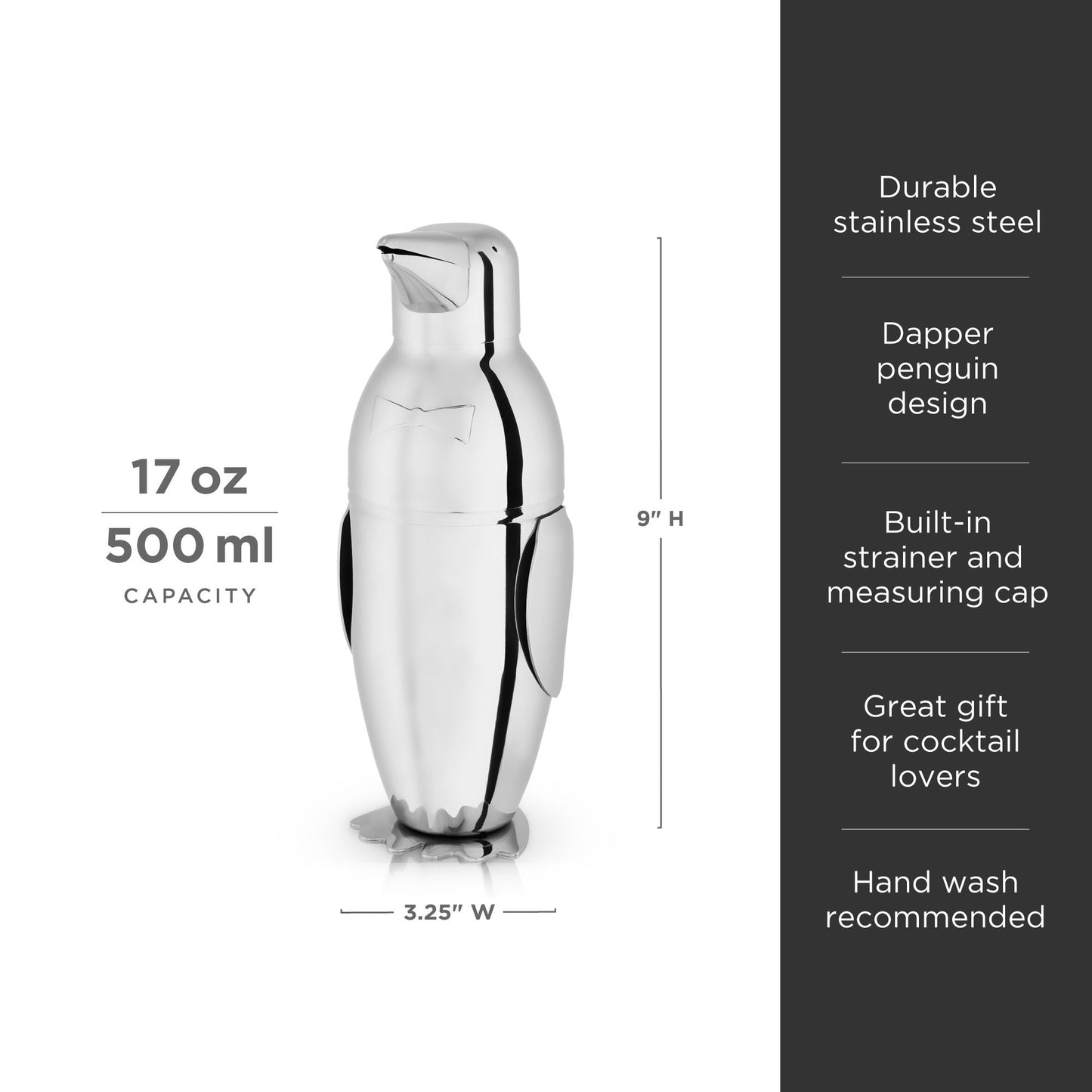Irving Stainless Steel Penguin Cocktail Shaker with Built-In Strainer