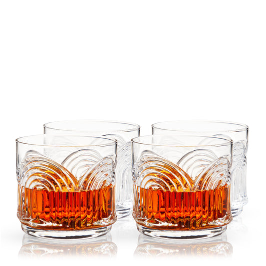 Deco Beau Crystal Lowball Tumblers Set of 4 with Art Deco Textured Rim