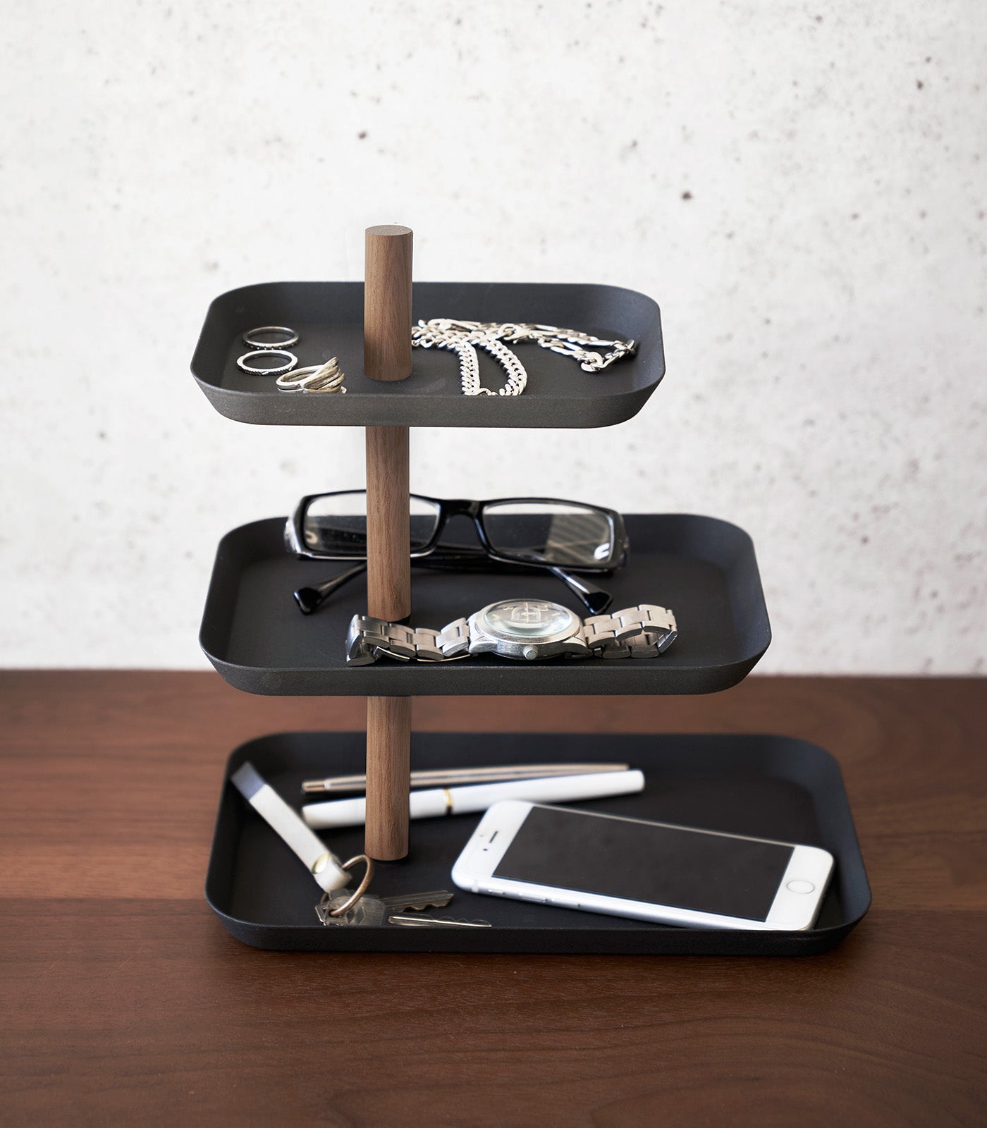 Three-Tier Steel Display Tray — Wood Rod Accent