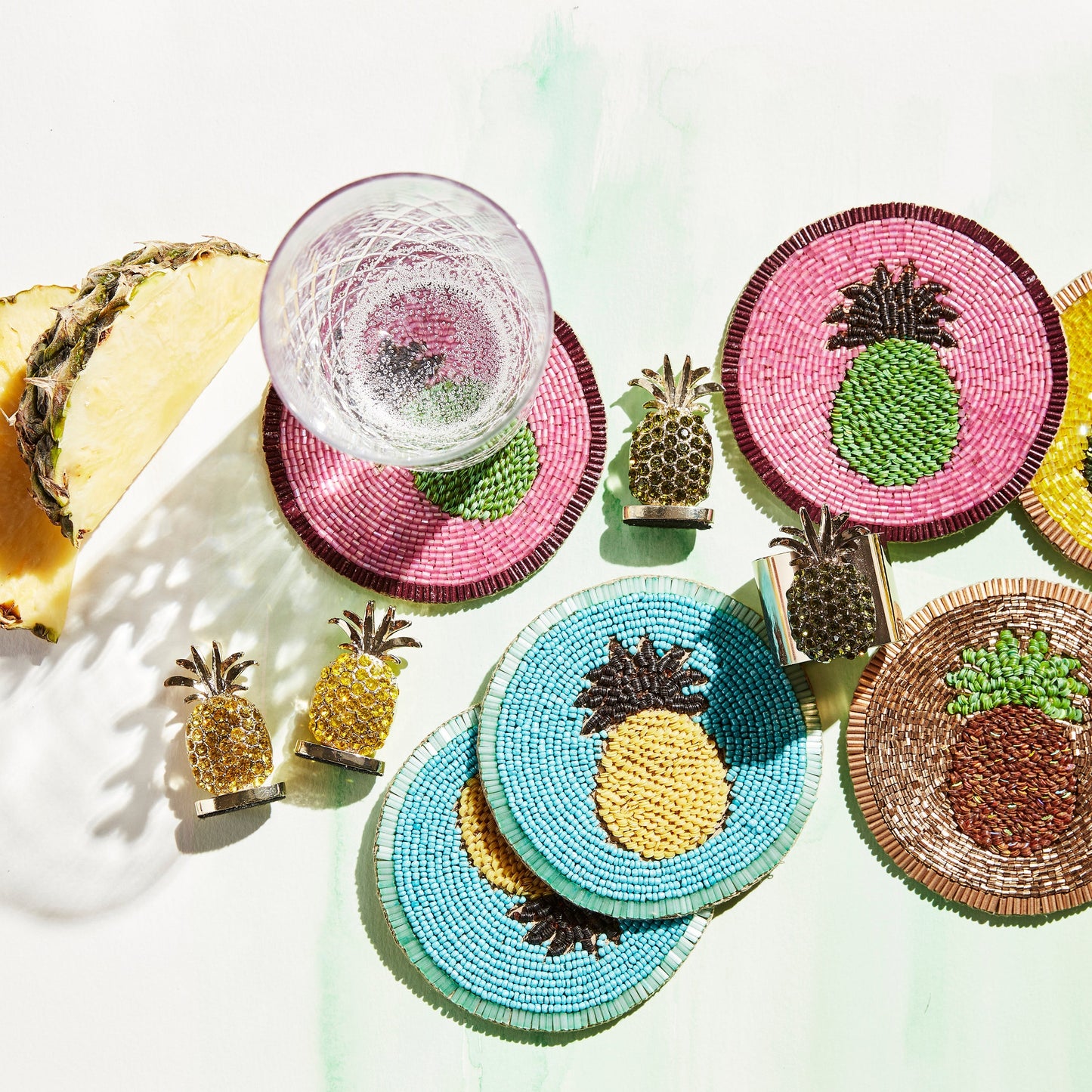 Hand-Beaded Pineapple Coasters, Bright Hospitality Gift Set of Four Décor