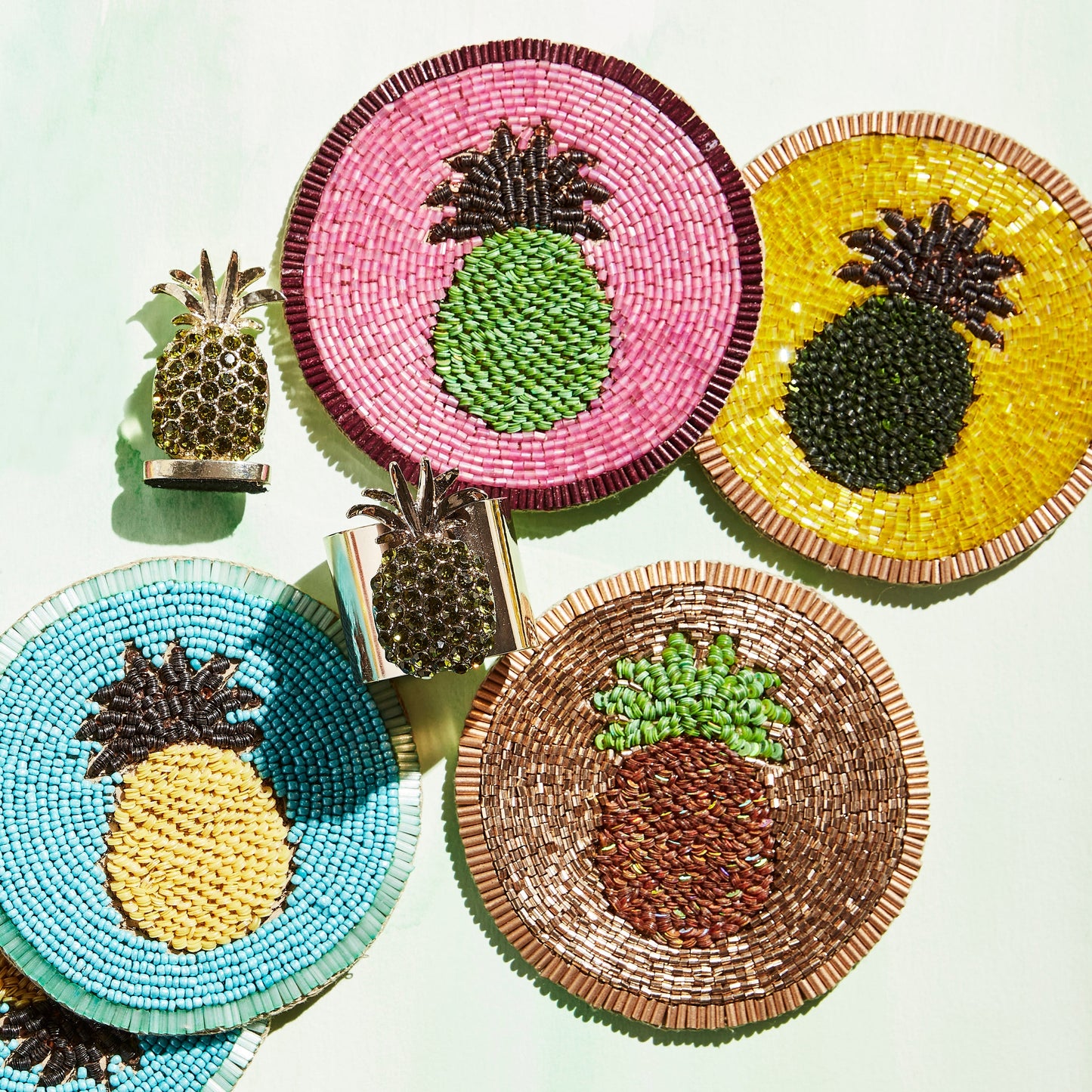 Hand-Beaded Pineapple Coasters, Bright Hospitality Gift Set of Four Décor
