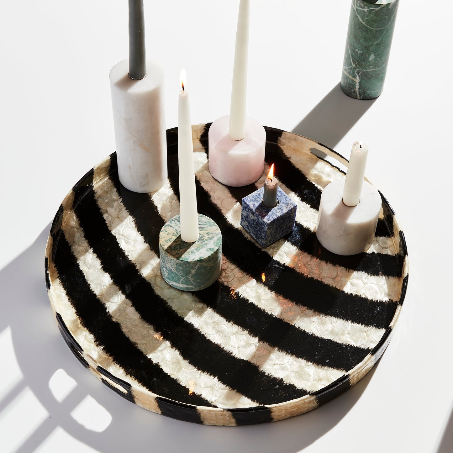 Extra Large Black Capiz Tray, Hand-Pieced Luxe Striped Decorative Statement