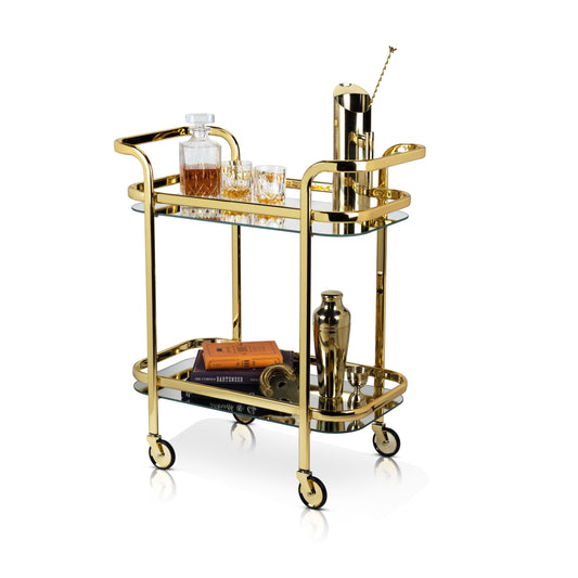 Antique Gold Bar Cart with Dual Mirrors and Rubber-Lined Rolling Wheels
