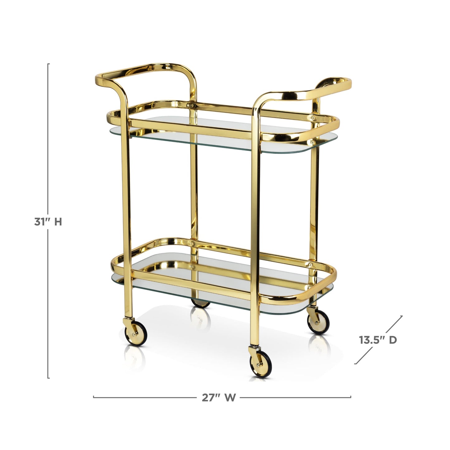 Antique Gold Bar Cart with Dual Mirrors and Rubber-Lined Rolling Wheels