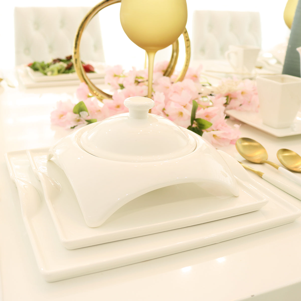 Square Porcelain Dinnerware Set Service for 4 Elegant White