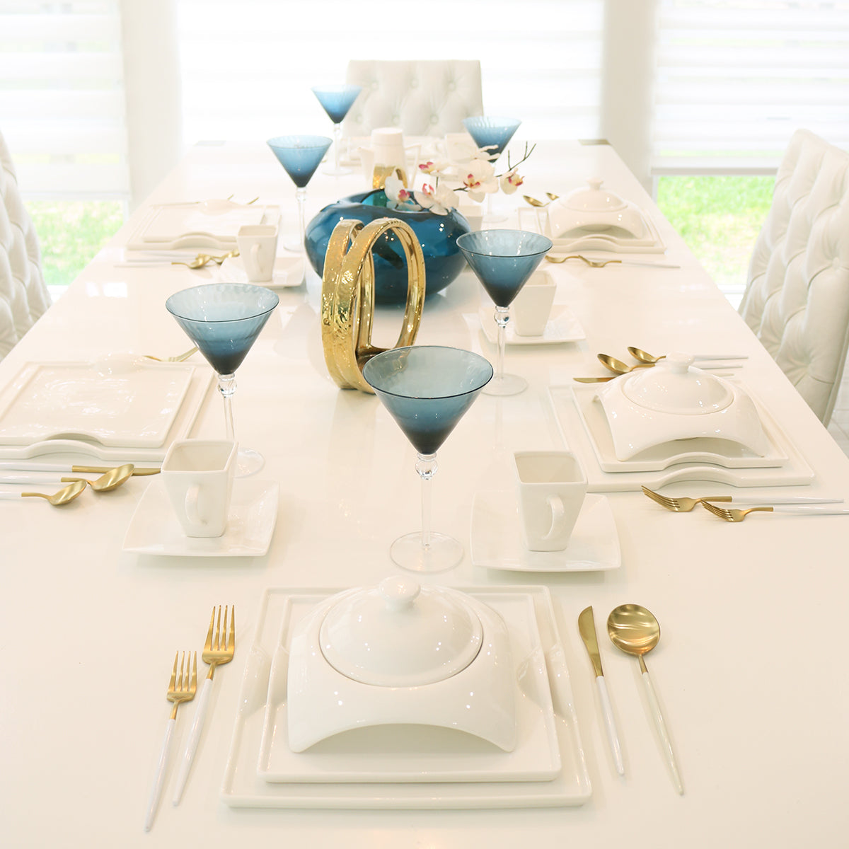 Square Porcelain Dinnerware Set Service for 4 Elegant White