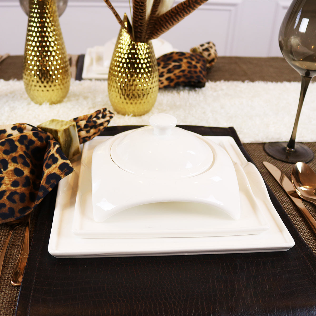 Square Porcelain Dinnerware Set Service for 4 Elegant White