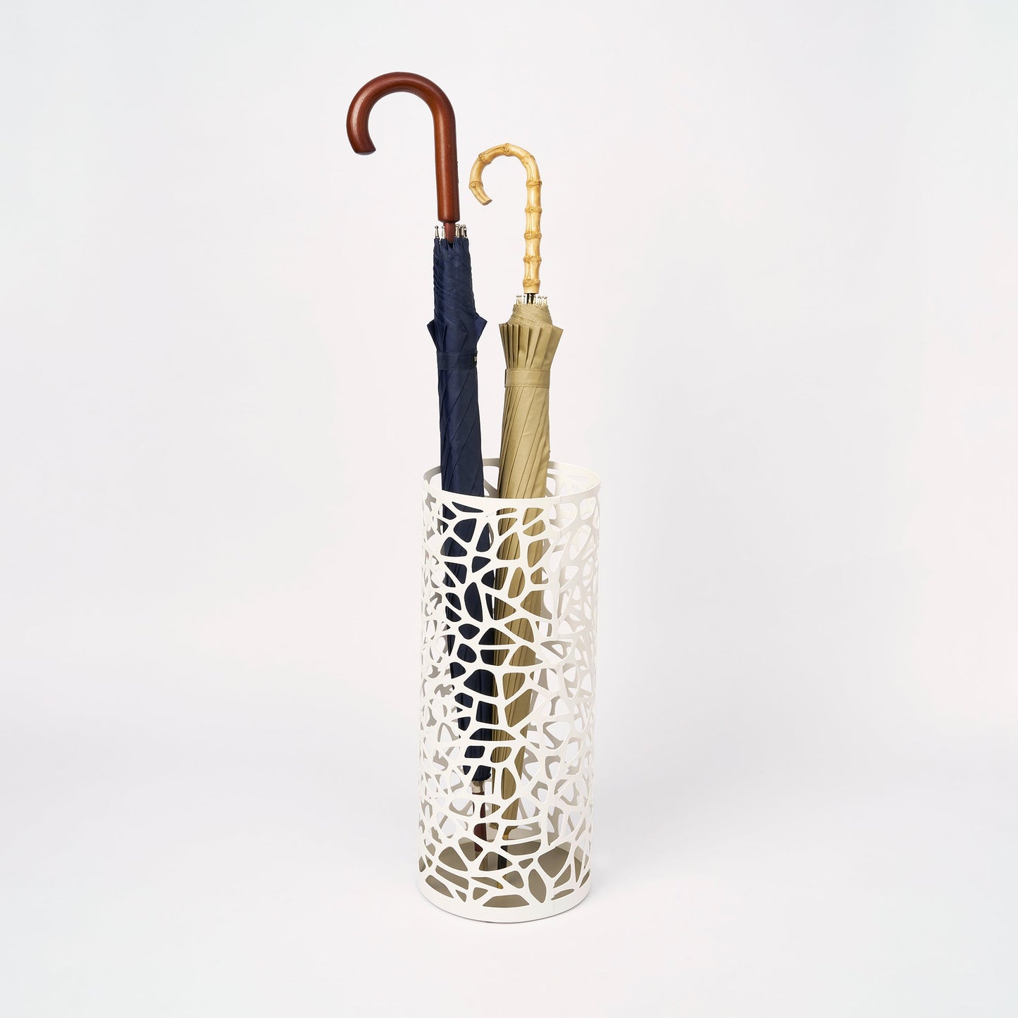 Round Powder-Coated Steel Umbrella Stand — White/Black