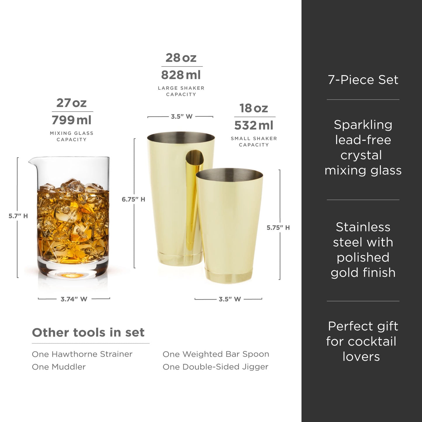 Belmont 7-Piece Gold Barware Set for Shaken Stirred and Muddled Drinks