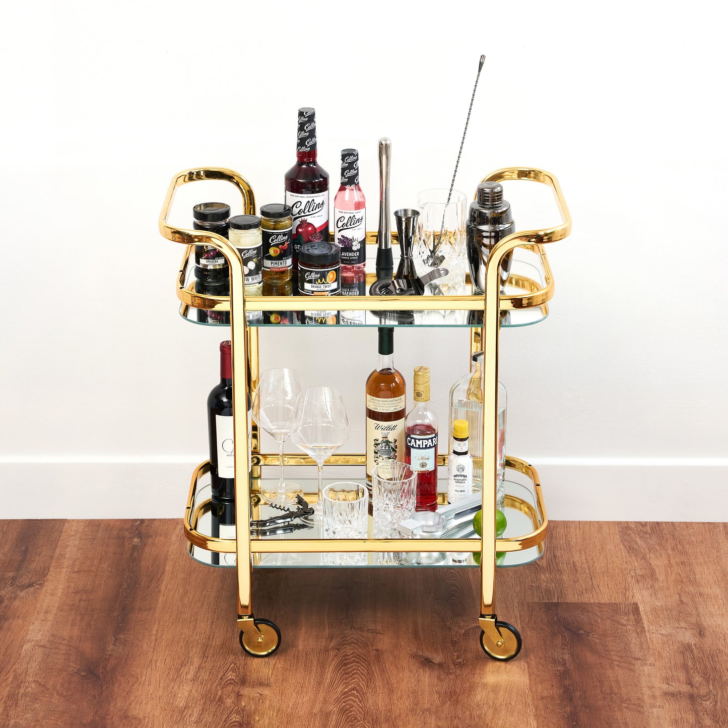 Antique Gold Bar Cart with Dual Mirrors and Rubber-Lined Rolling Wheels