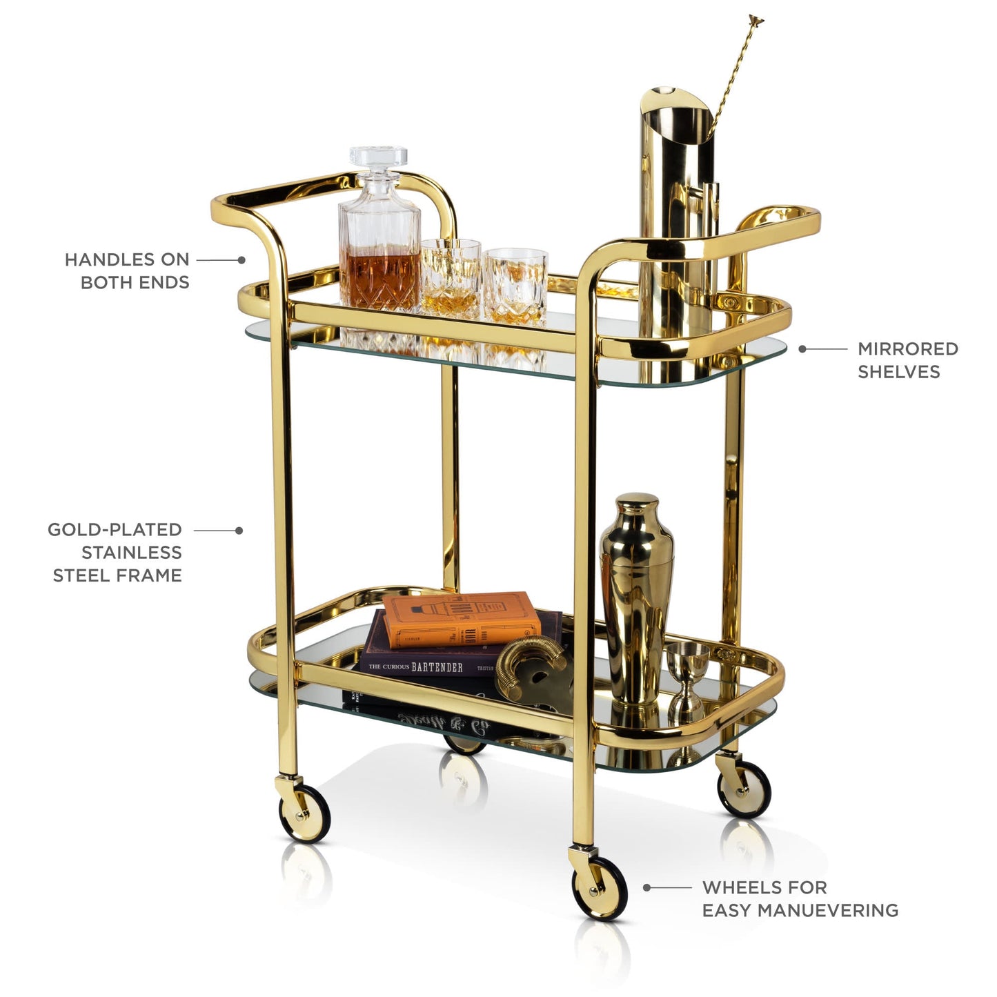 Antique Gold Bar Cart with Dual Mirrors and Rubber-Lined Rolling Wheels