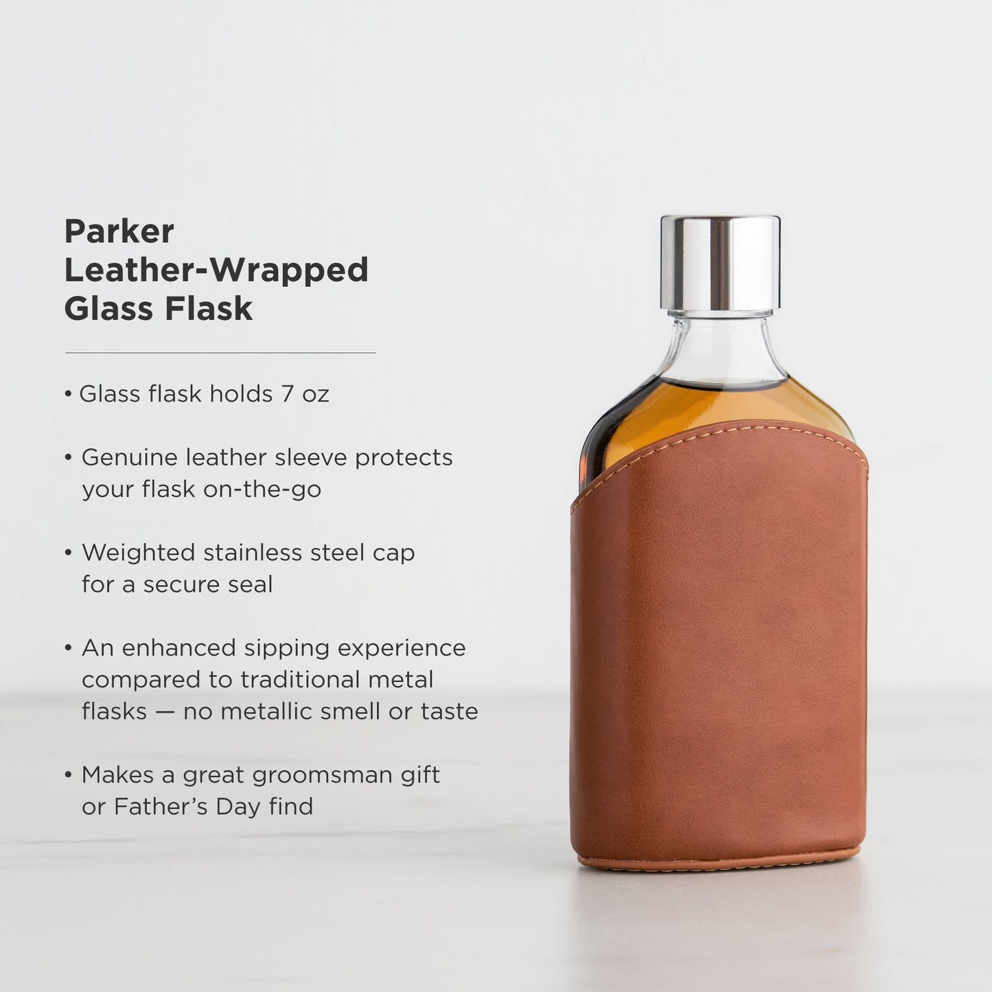 Parker Leather‑Wrapped Glass Flask with Steel Cap — 7 oz Gift Piece