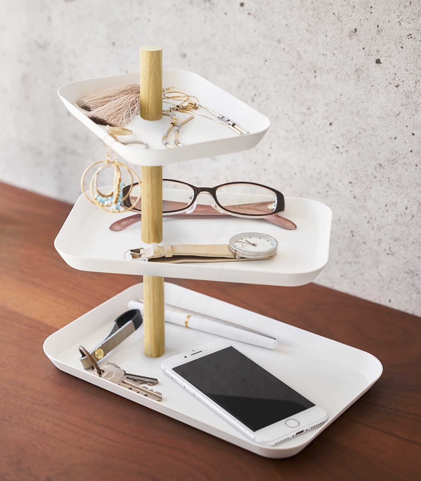 Three-Tier Steel Display Tray — Wood Rod Accent