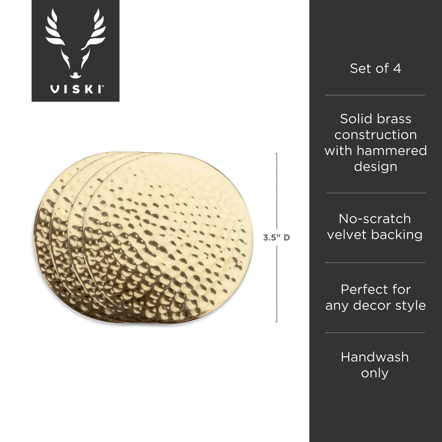 Hammered Solid Brass Coasters Set of 4 — Velvet‑Backed Gift Edition