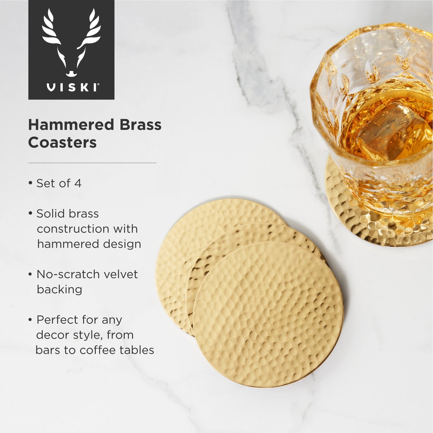 Hammered Solid Brass Coasters Set of 4 — Velvet‑Backed Gift Edition
