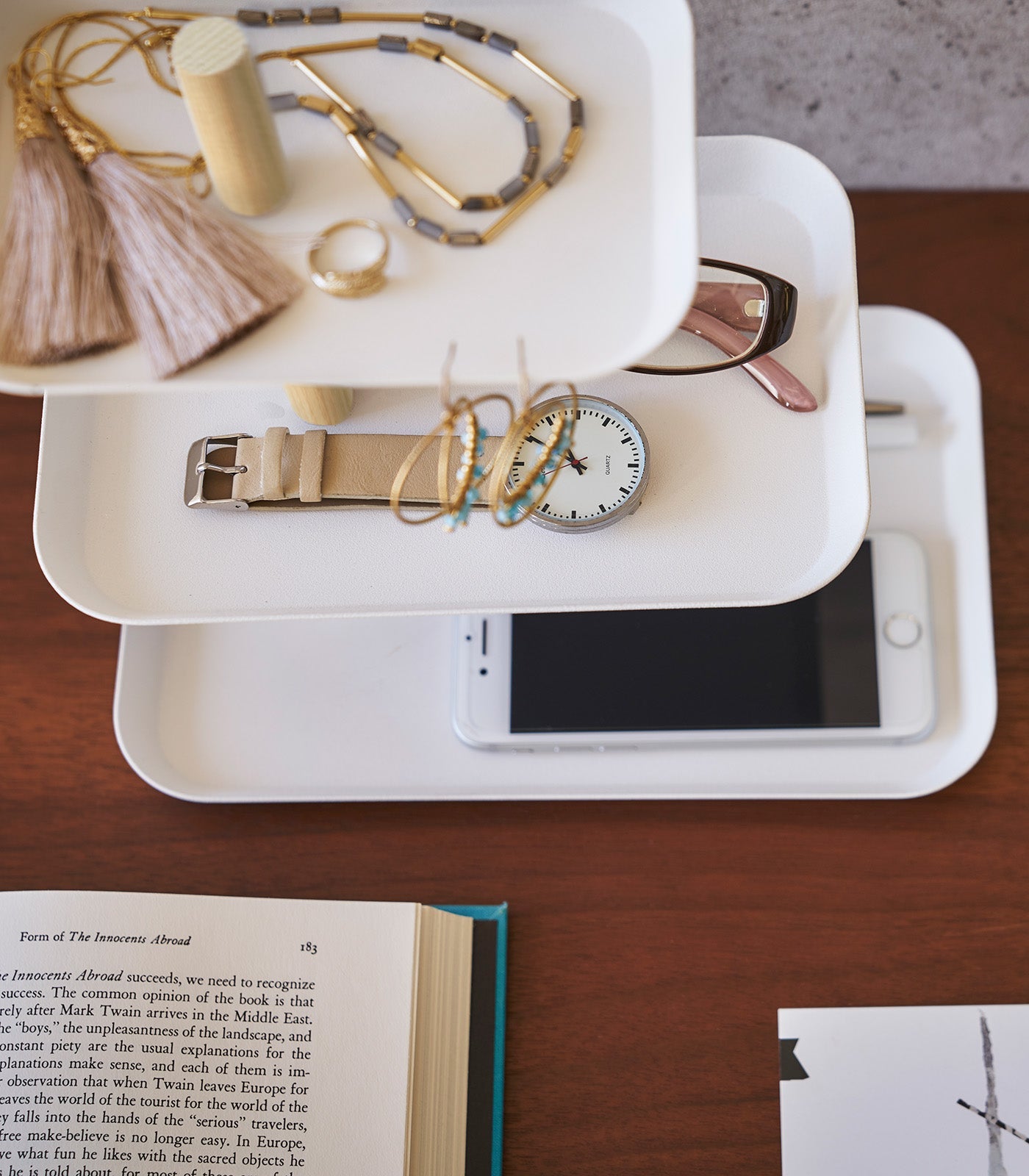 Three-Tier Steel Display Tray — Wood Rod Accent