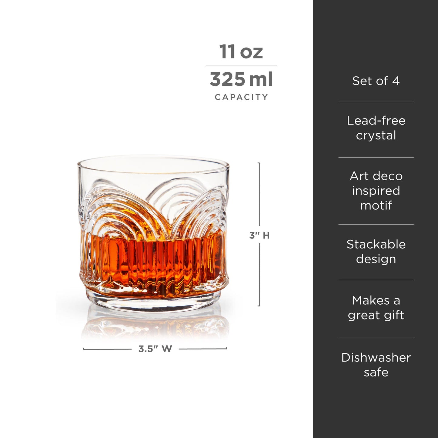 Deco Beau Crystal Lowball Tumblers Set of 4 with Art Deco Textured Rim