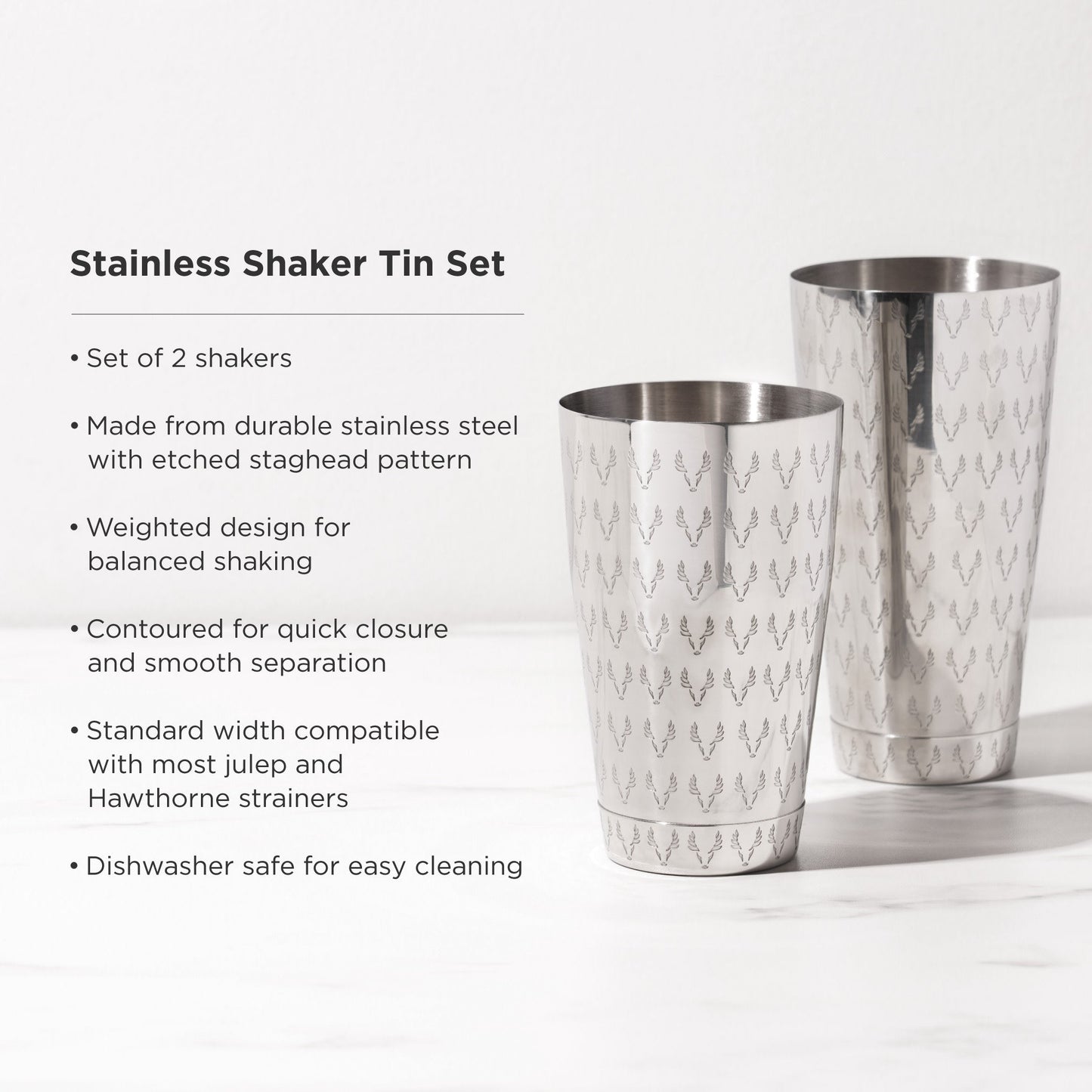 Staghead Etched Boston Shaker Tin Set 18 oz and 28 oz Stainless