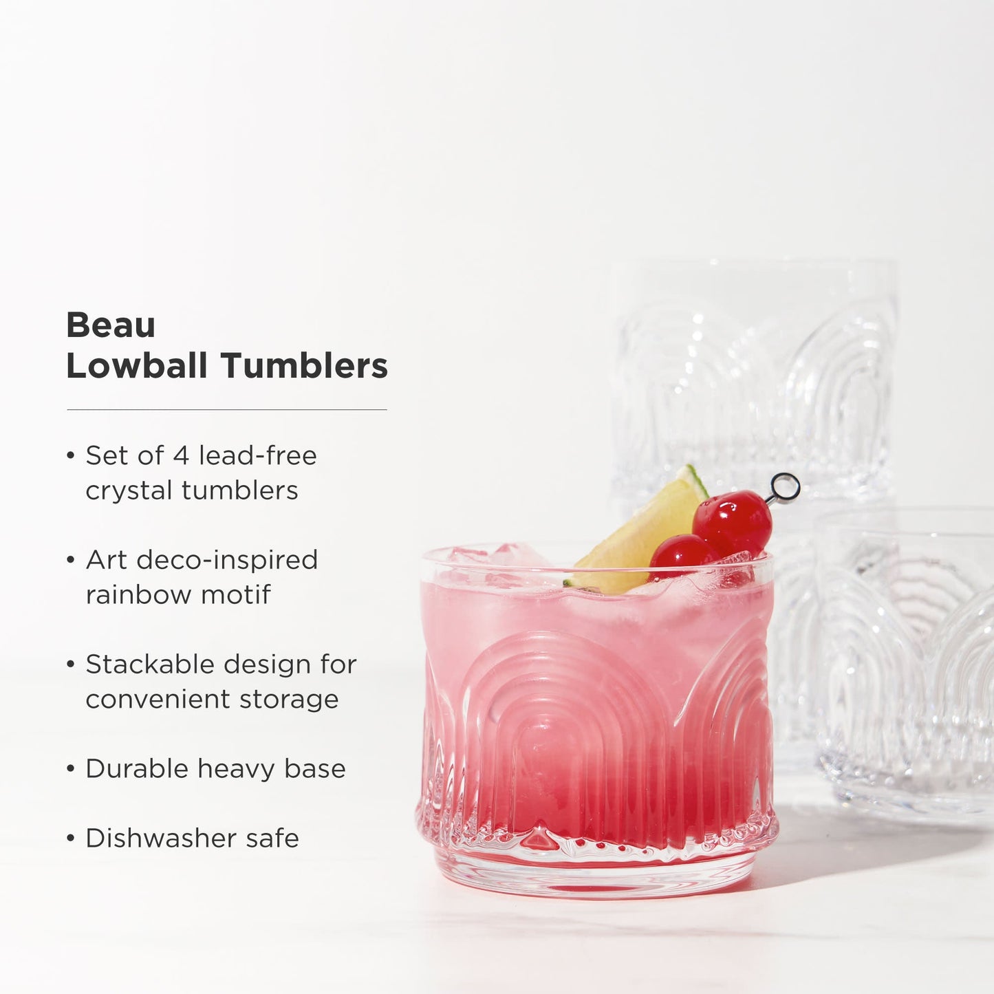Deco Beau Crystal Lowball Tumblers Set of 4 with Art Deco Textured Rim