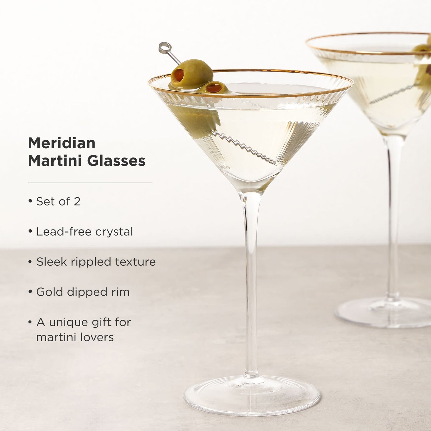 Meridian Crystal Martini Glasses Set of 2 with Gold-Dipped Rims Gift