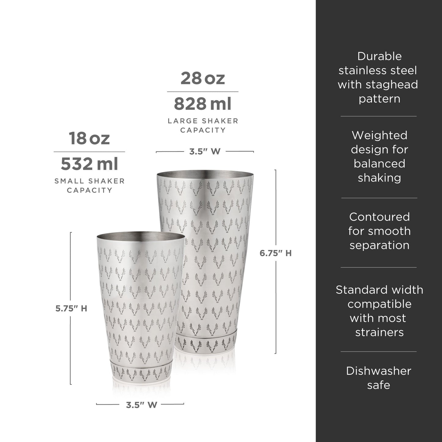 Staghead Etched Boston Shaker Tin Set 18 oz and 28 oz Stainless