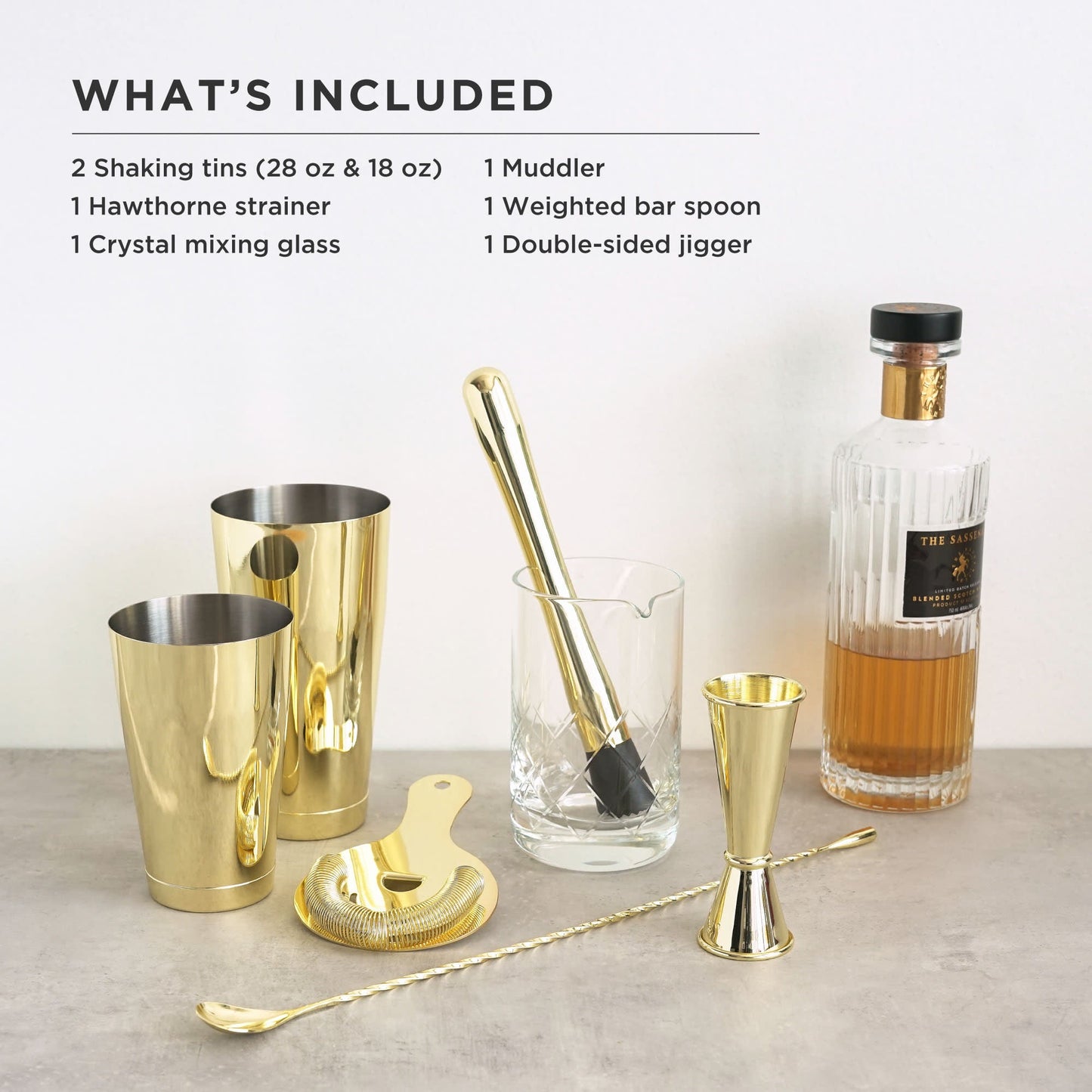 Belmont 7-Piece Gold Barware Set for Shaken Stirred and Muddled Drinks