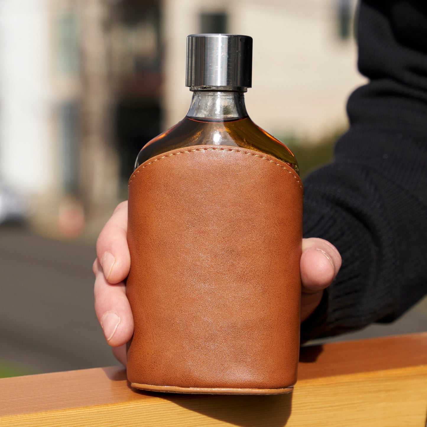 Parker Leather‑Wrapped Glass Flask with Steel Cap — 7 oz Gift Piece