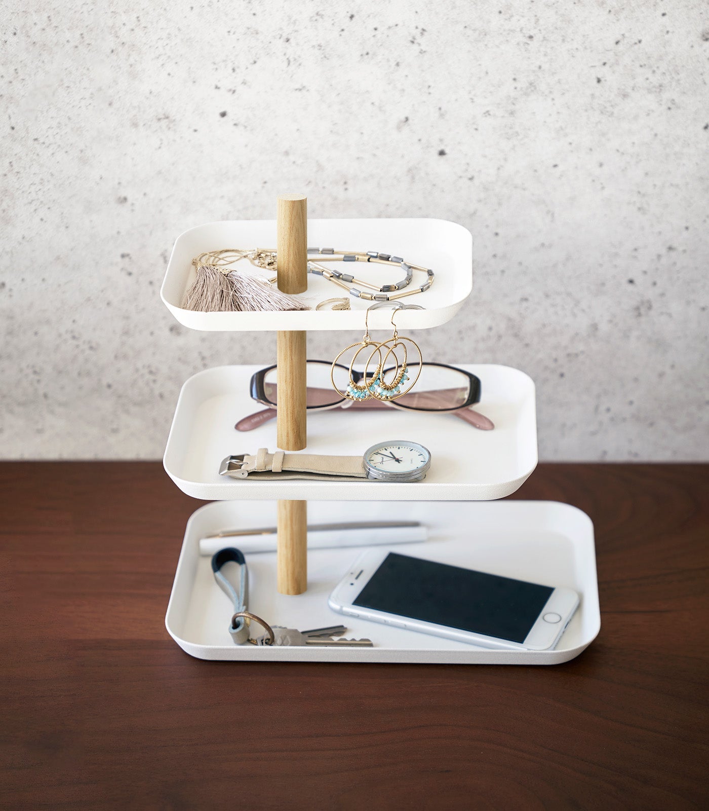 Three-Tier Steel Display Tray — Wood Rod Accent