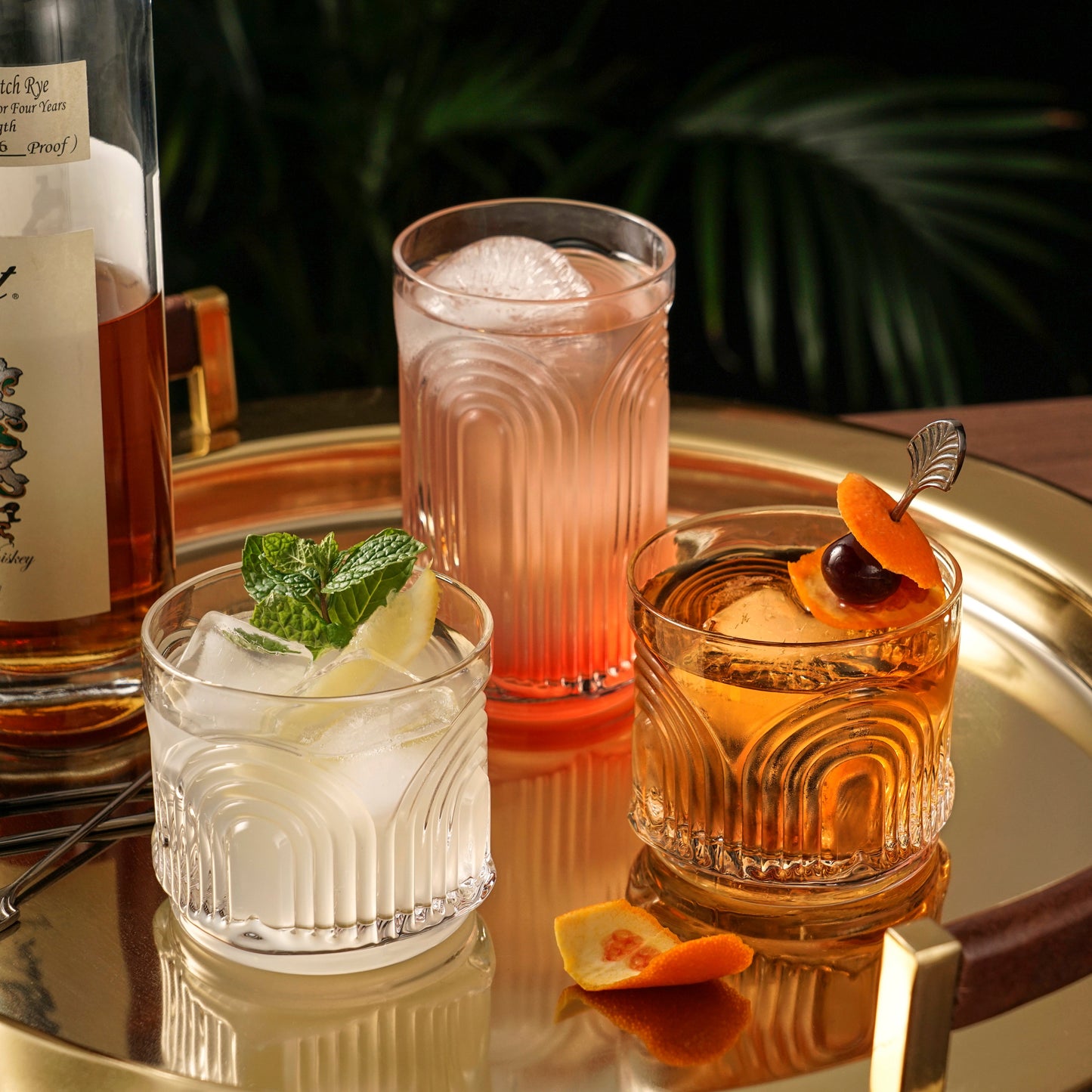 Deco Beau Crystal Lowball Tumblers Set of 4 with Art Deco Textured Rim