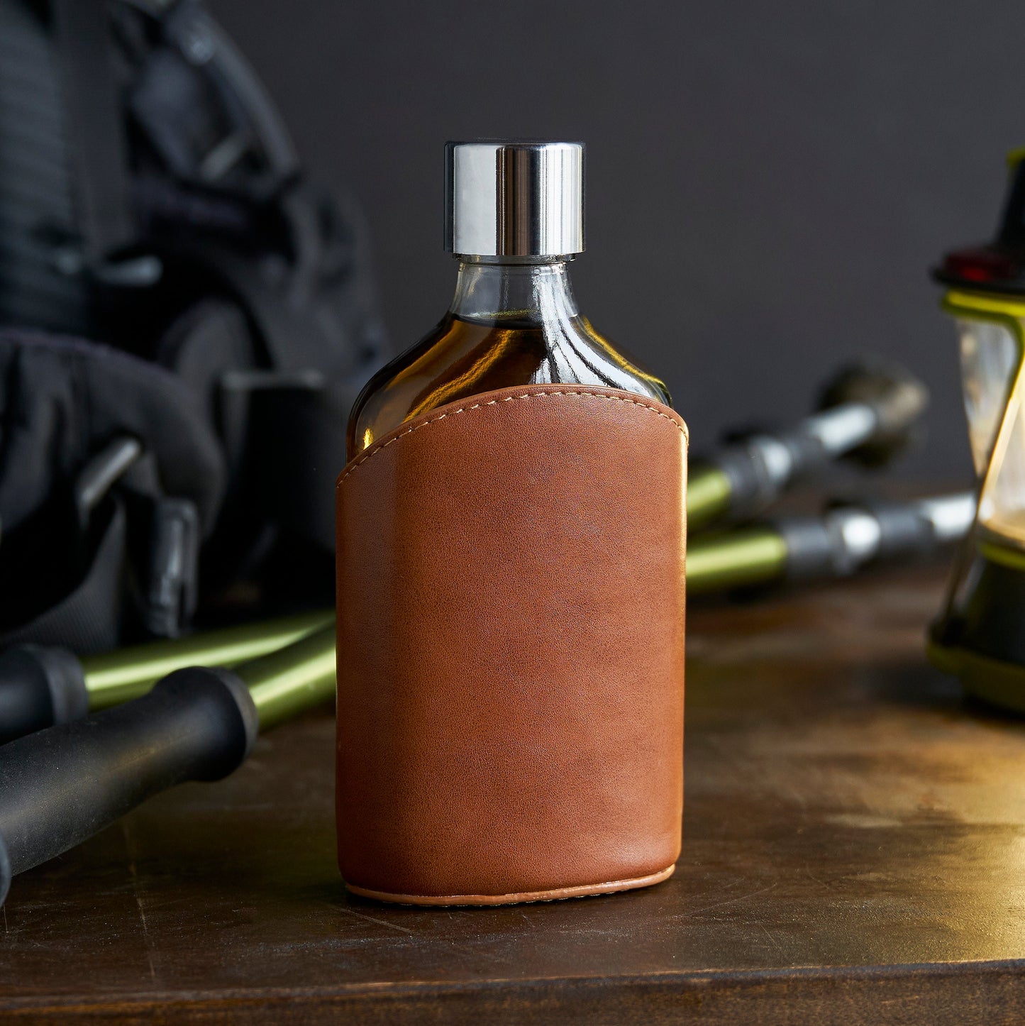 Parker Leather‑Wrapped Glass Flask with Steel Cap — 7 oz Gift Piece