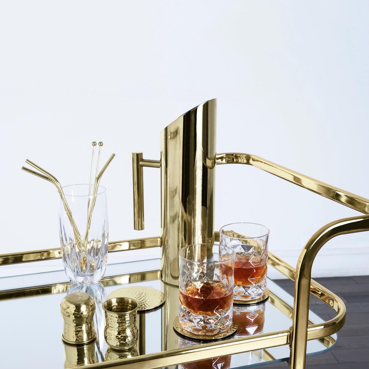 Antique Gold Bar Cart with Dual Mirrors and Rubber-Lined Rolling Wheels