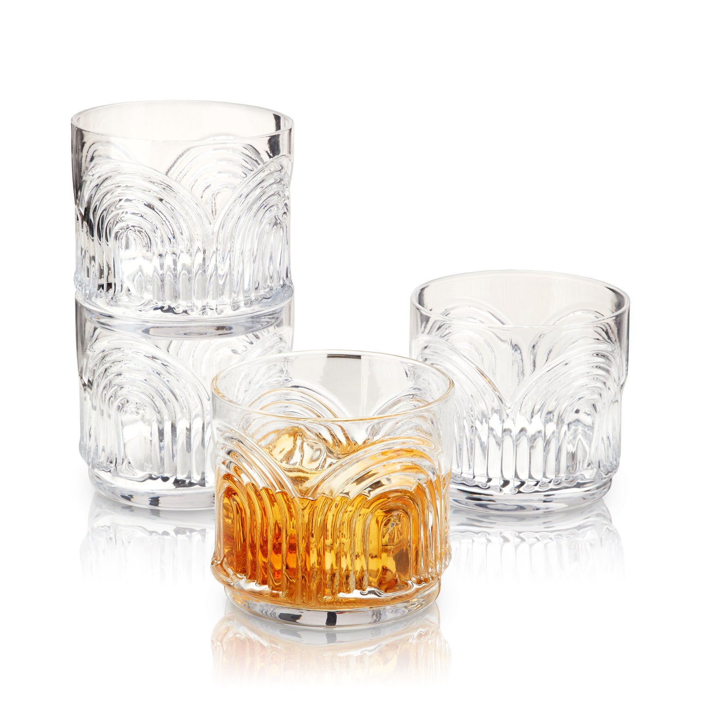 Deco Beau Crystal Lowball Tumblers Set of 4 with Art Deco Textured Rim